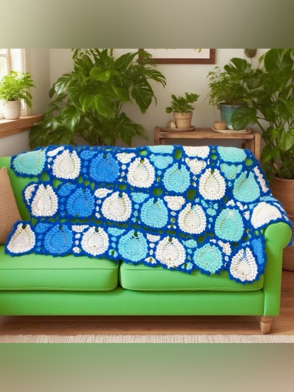 Vintage Handmade Blue Teal Crochet Home Decor Sofa Throw Afghan